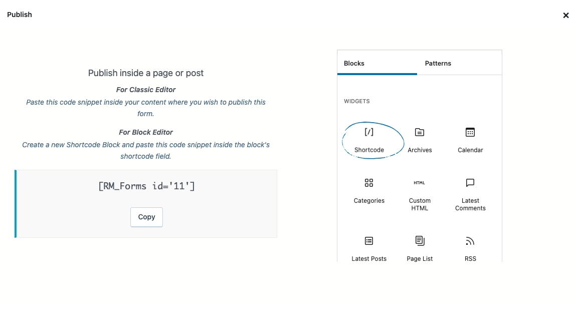 Publish Shortcode