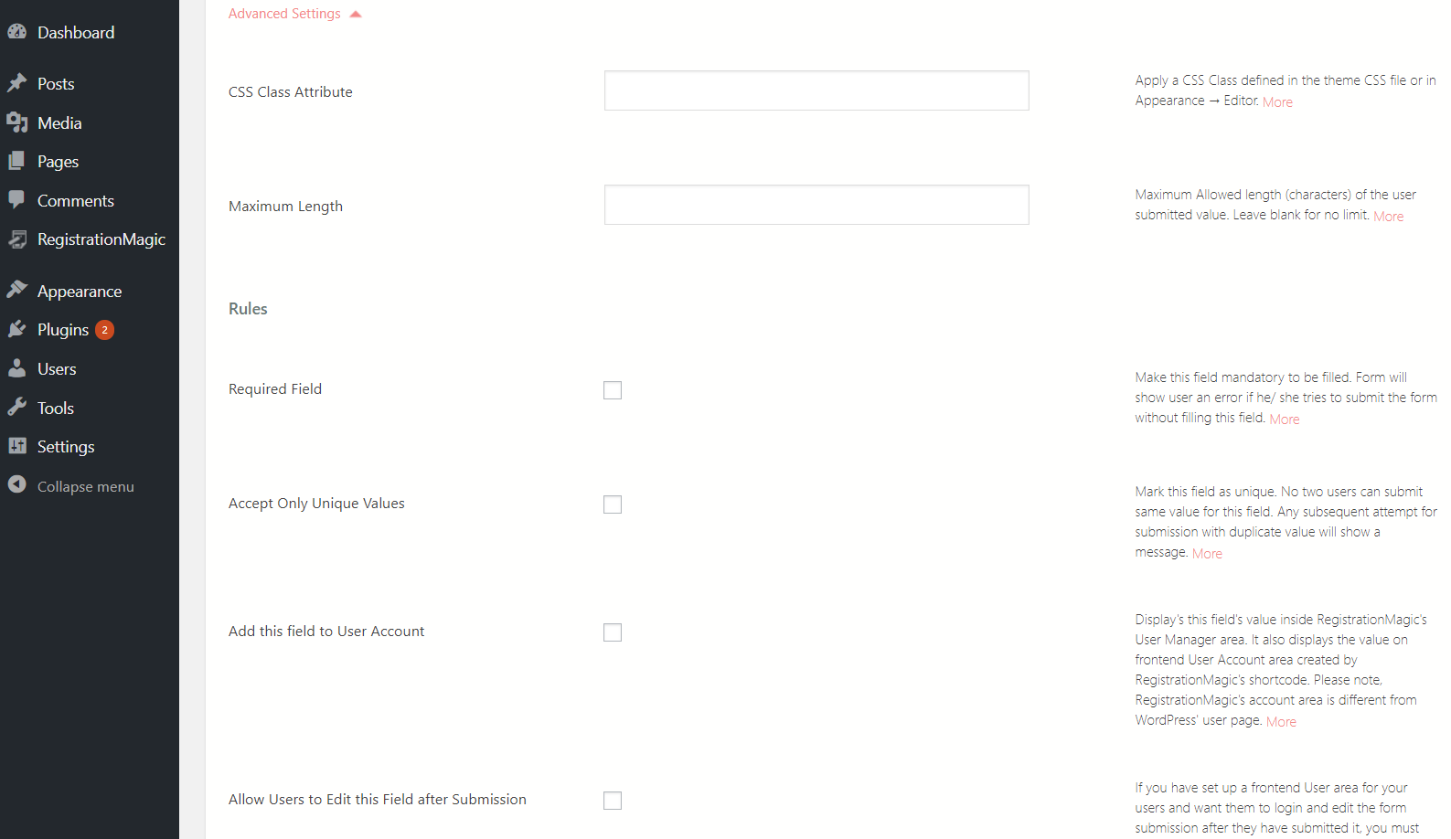 WordPress form number field advance settings