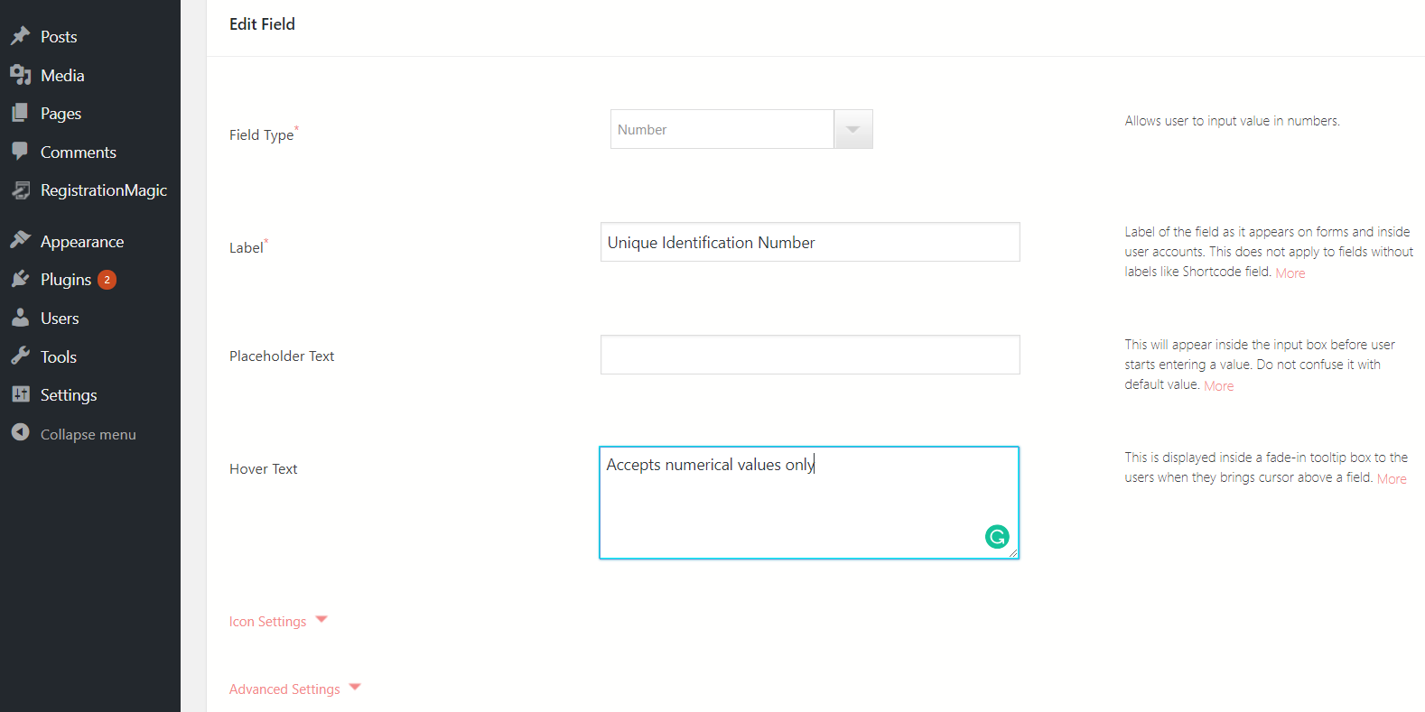 WordPress form number field edit fields