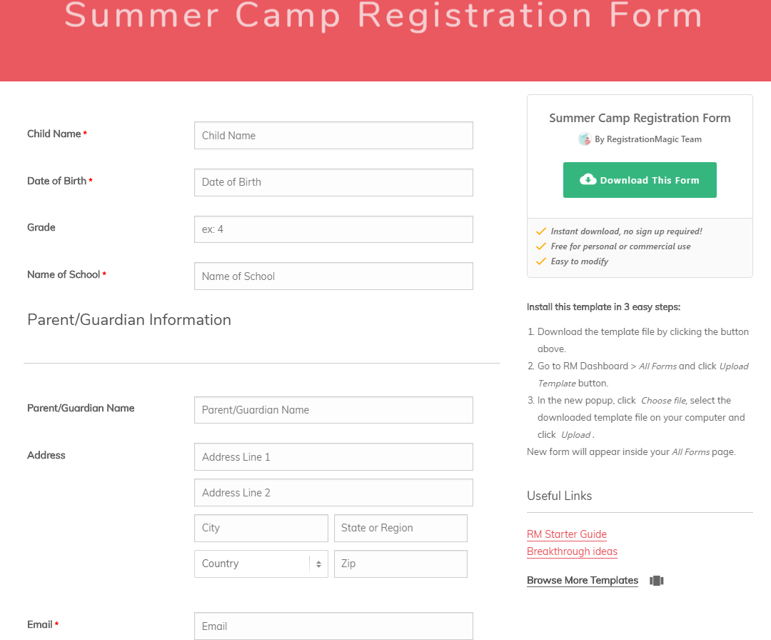 Summer Camp Registration forms template