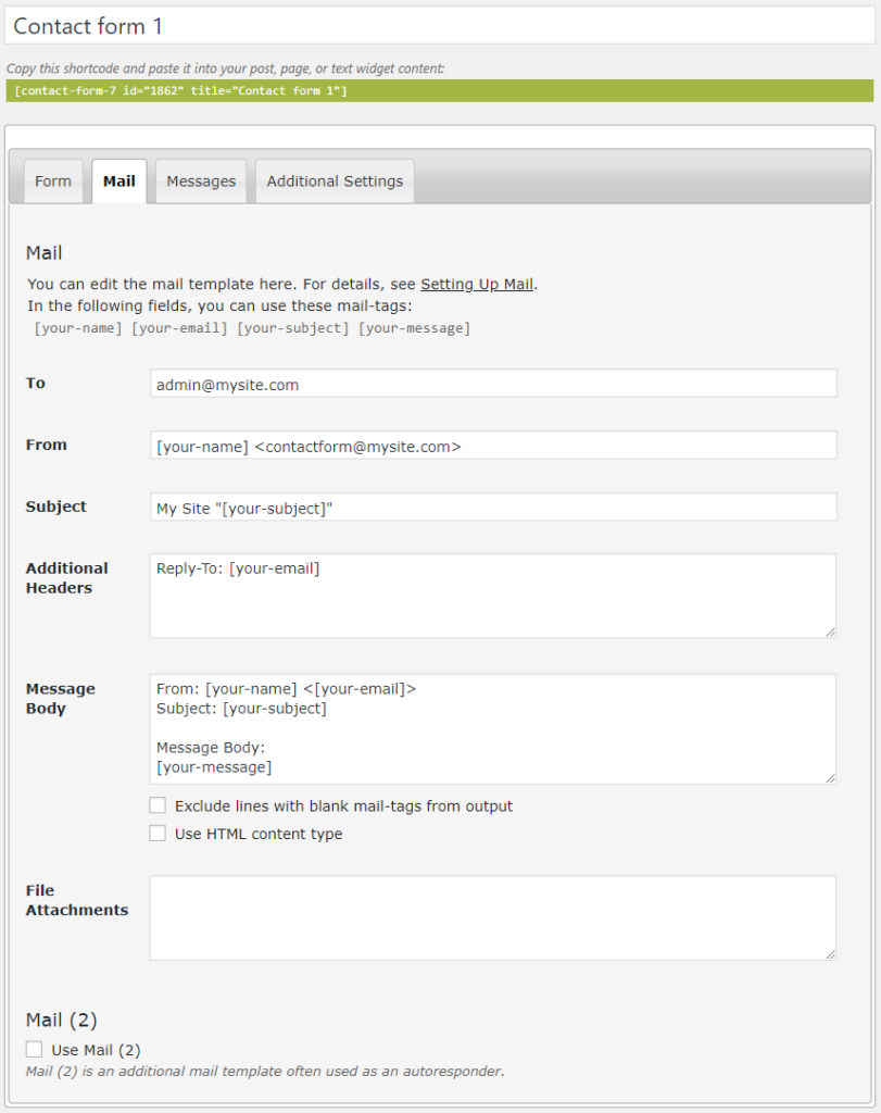 WordPress Contact Form CF7 Form Mail Tab