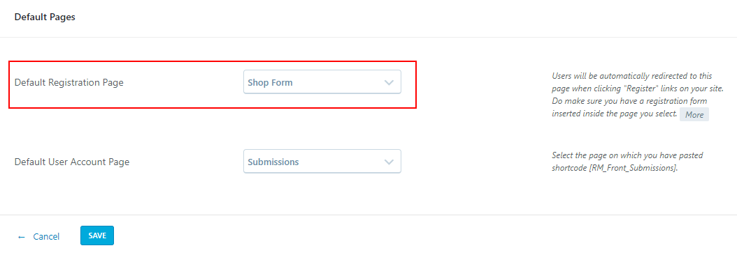 default pages default wordpress registration form