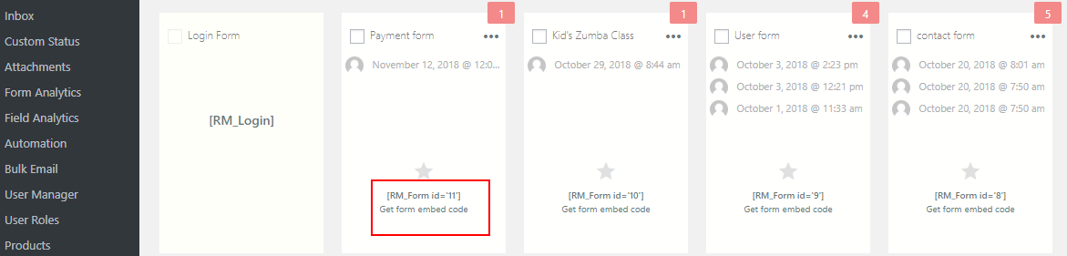 forms dashboard default wordpress registration form