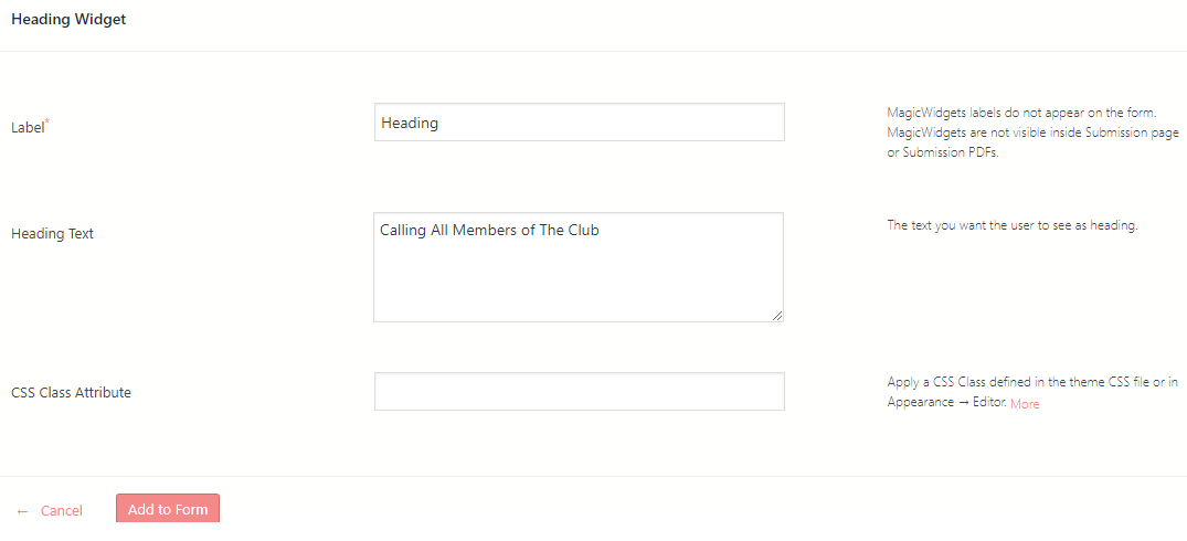 heading to WordPress form widget features