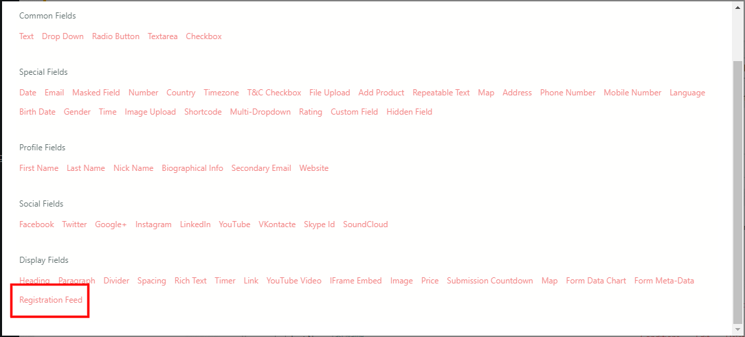 registration feed to your WordPress form add fields