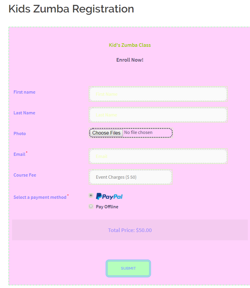 WordPress Class Registration Plugin form with payment options