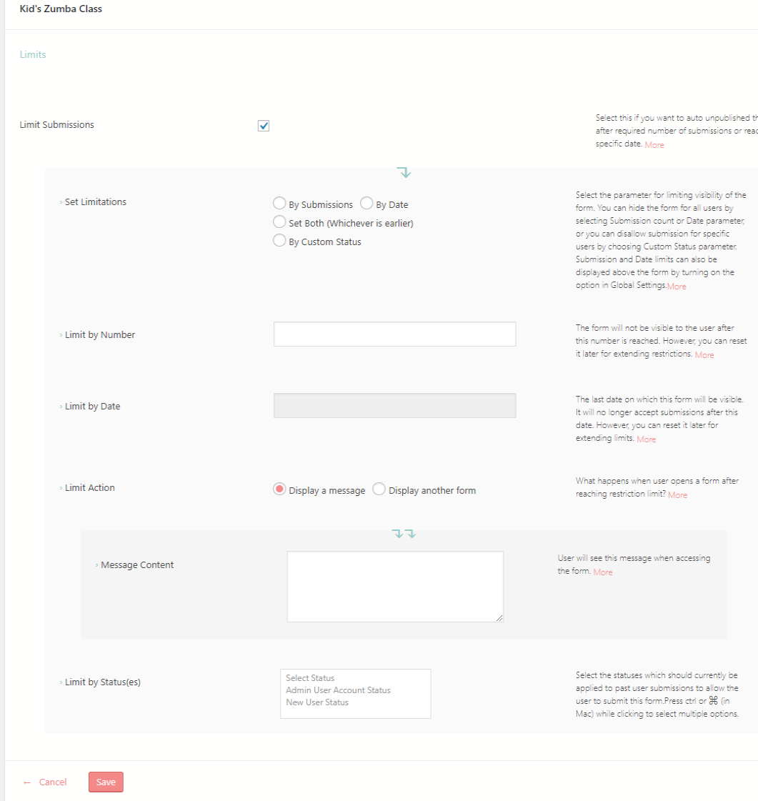 WordPress Class Registration Plugin form settings