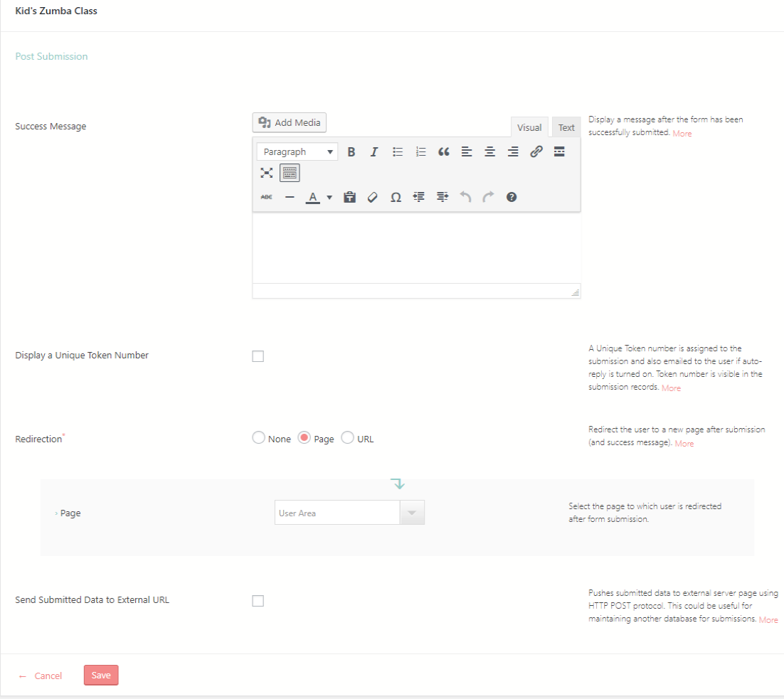 WordPress Class Registration Plugin post submissions settings