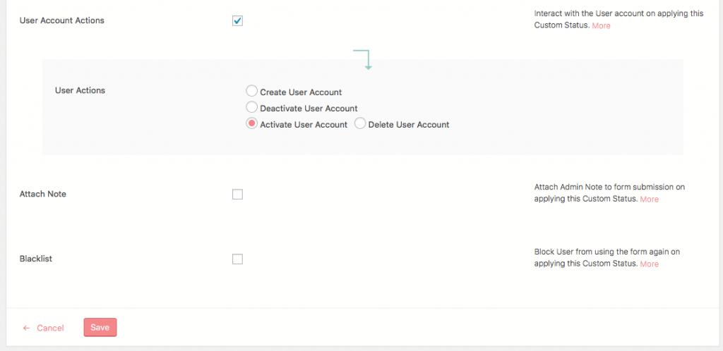 User Submission Custom Status User Account Actions