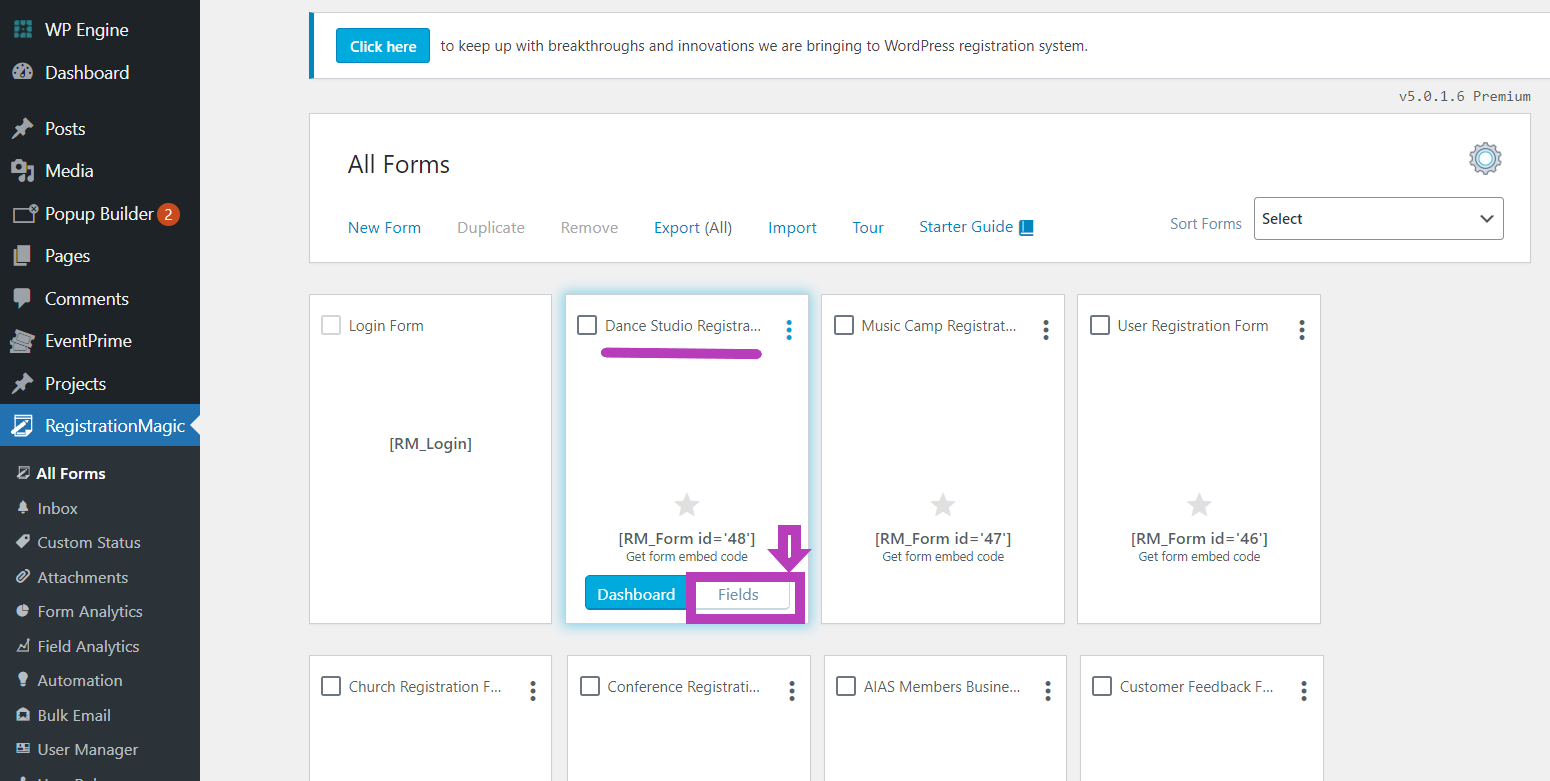 dance registration form fields