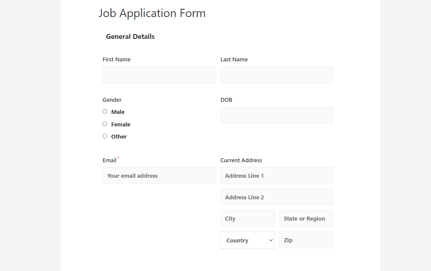 Job application form overview