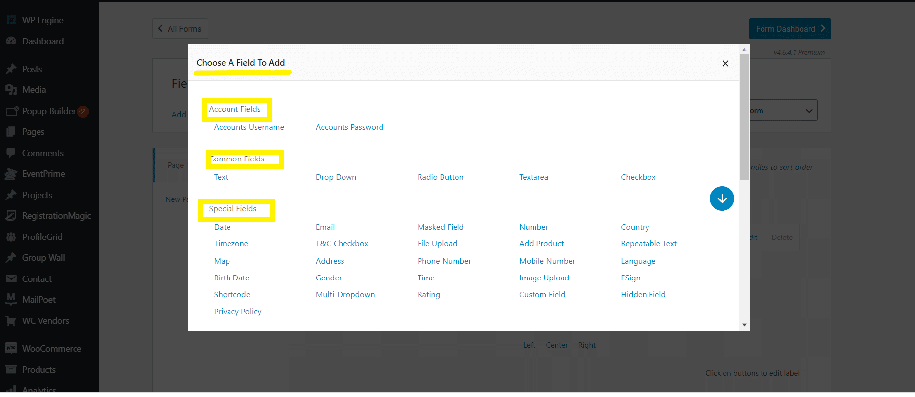 registration magic free form fields range