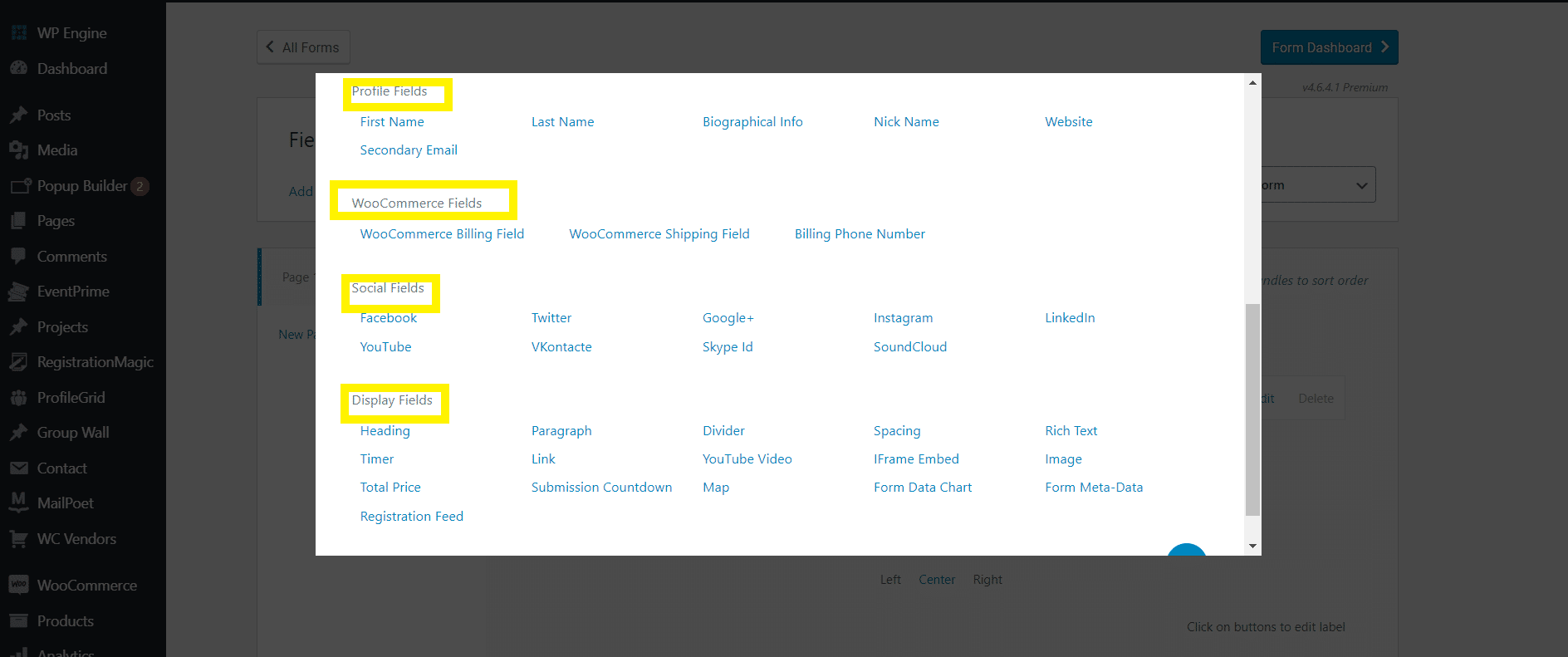 registration magic form fields