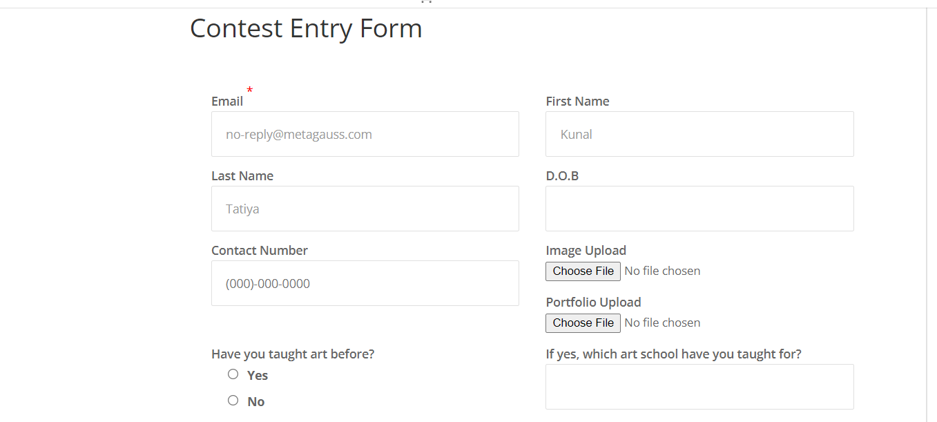 contest entry form frontend