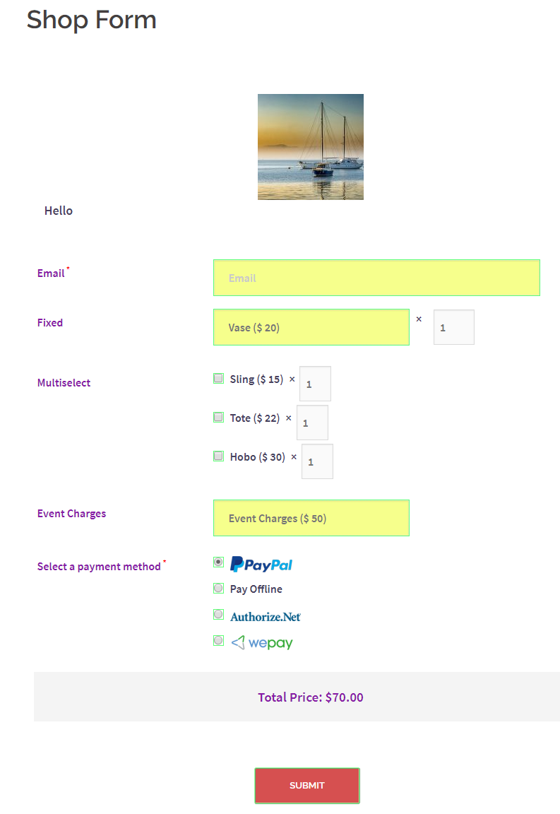 shop form default wordpress registration form