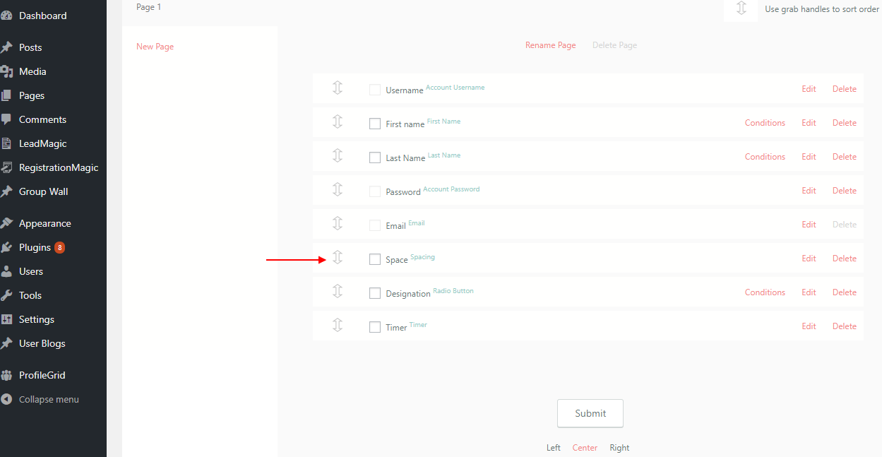 space between WordPress form fields field manager